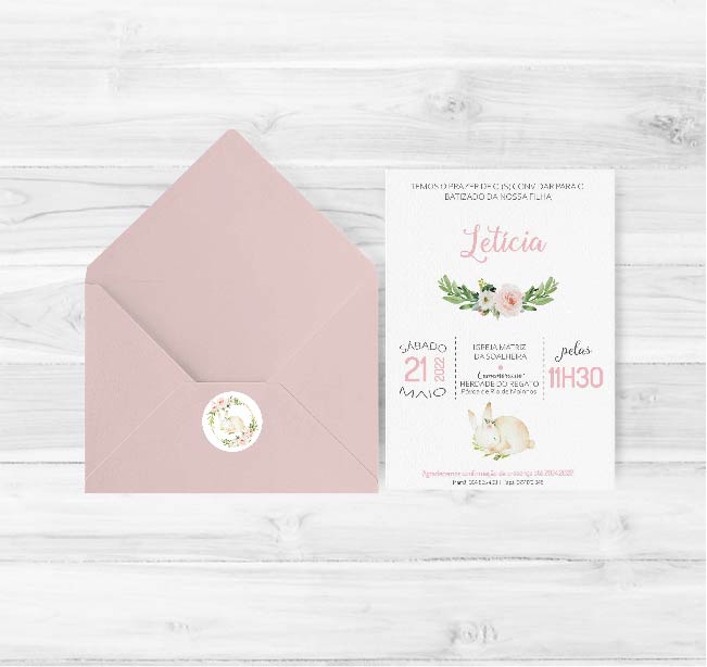 Convite de Batizado Coelhinha com flores | BT-C043