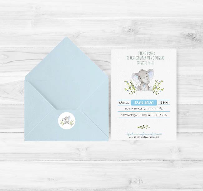 Convite de Batizado Elefante com balão | BT-C041